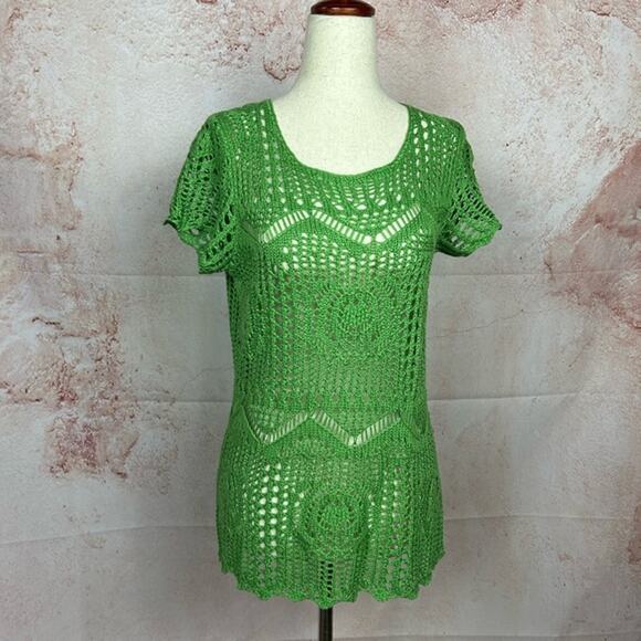 ONE WORLD green boho crochet top size PM festival resort hippie beach coastal - Picture 1 of 4